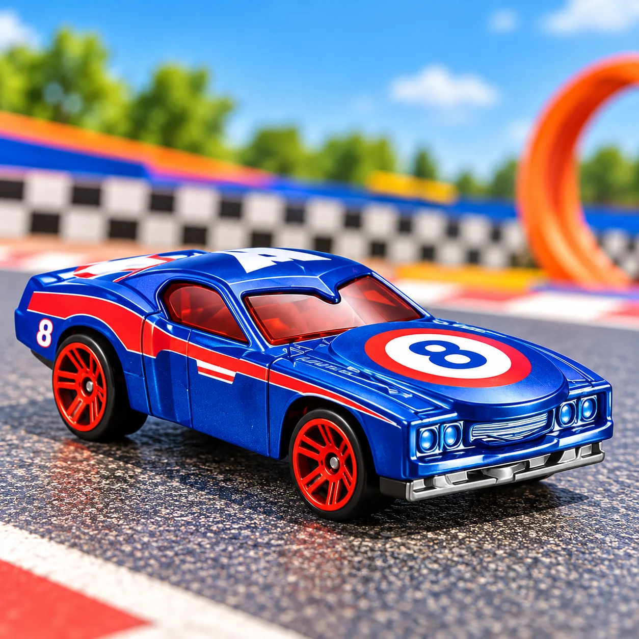 Blue Number 8 Muscle Car on Track