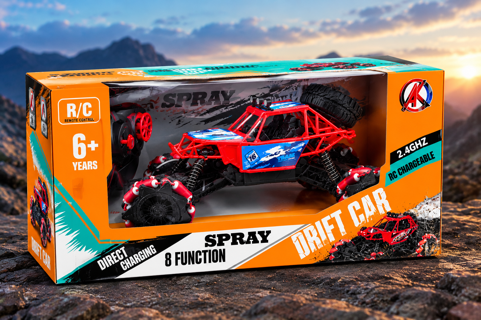 Red RC Drift Car with Smoke Function and Rechargeable Battery