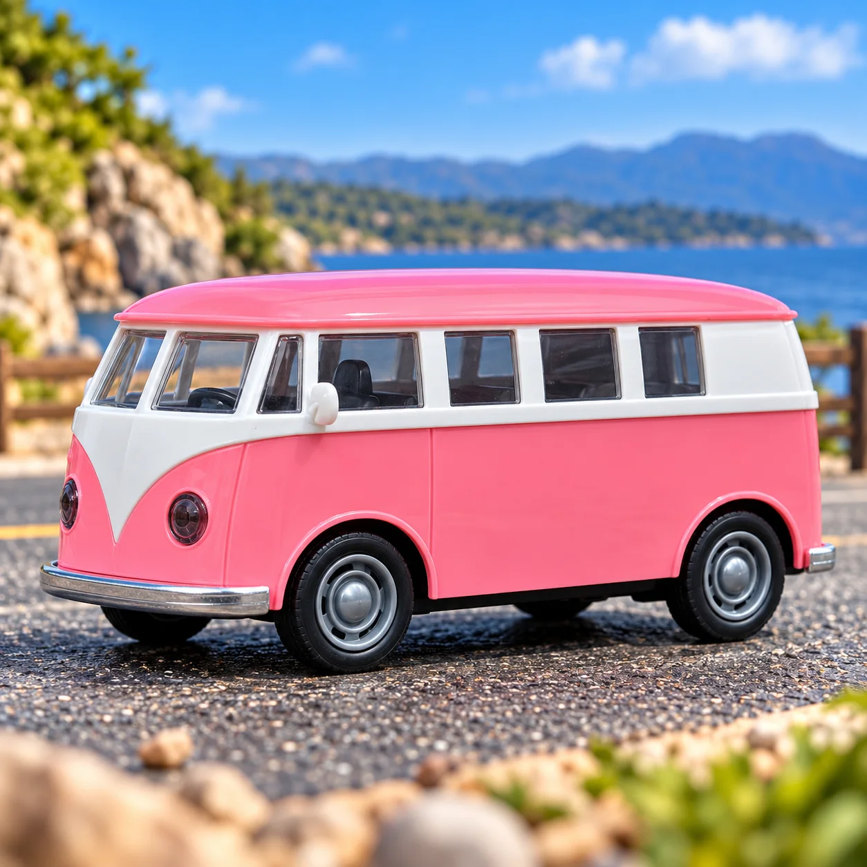 Pink Camper Van by the Sea