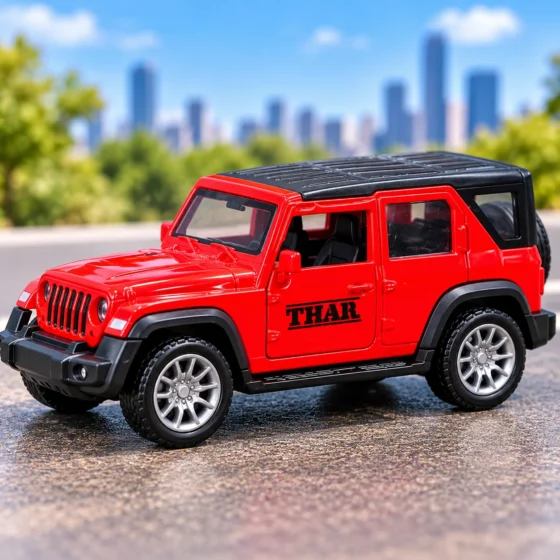 Red Toy SUV on a City Road