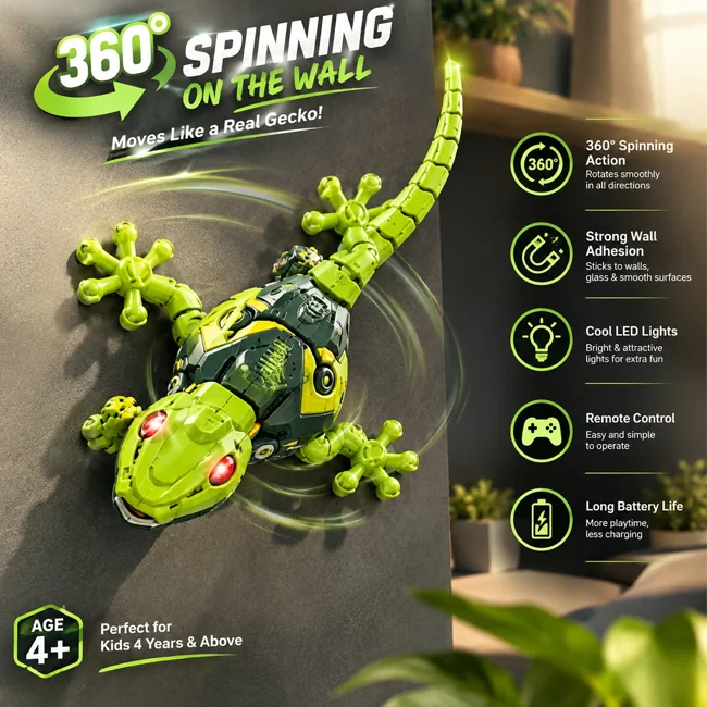 RC wall-climbing gecko toy with green robotic design and remote control