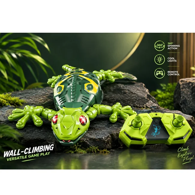 RC wall-climbing gecko toy with green robotic design and remote control
